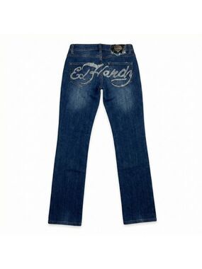 Ed Hardy Blue Straight Leg Jeans Floral Detail